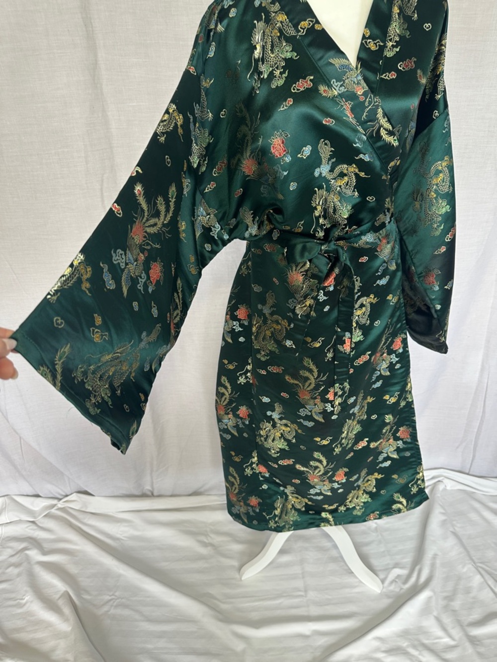 Emerald Green Floral Satin Wrap Coat Kimono - Picture 8 of 13